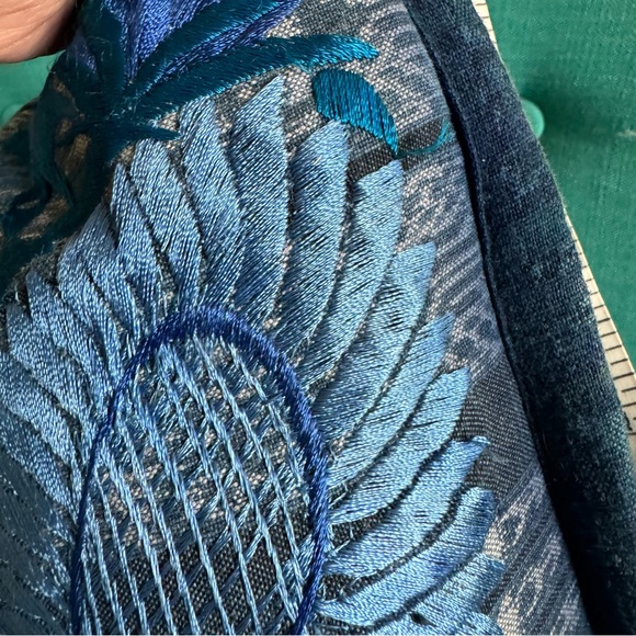 Vintage Blue Silk Embroidered Floral Accent Pillow - Picture 2 of 6